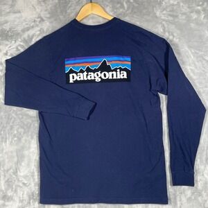 Patagonia Mens P-6 Logo Responsibili-Tee Long Sleeve Shirt Navy Blue Large